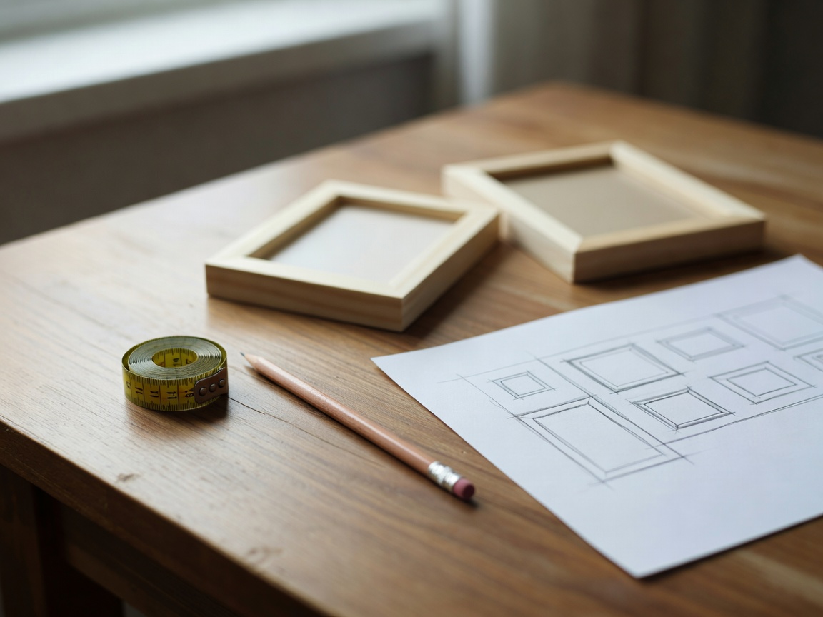 Measuring tape, pencil and two small empty frames on a desk beside a paper sketch of a wall arrangement, in shallow focus