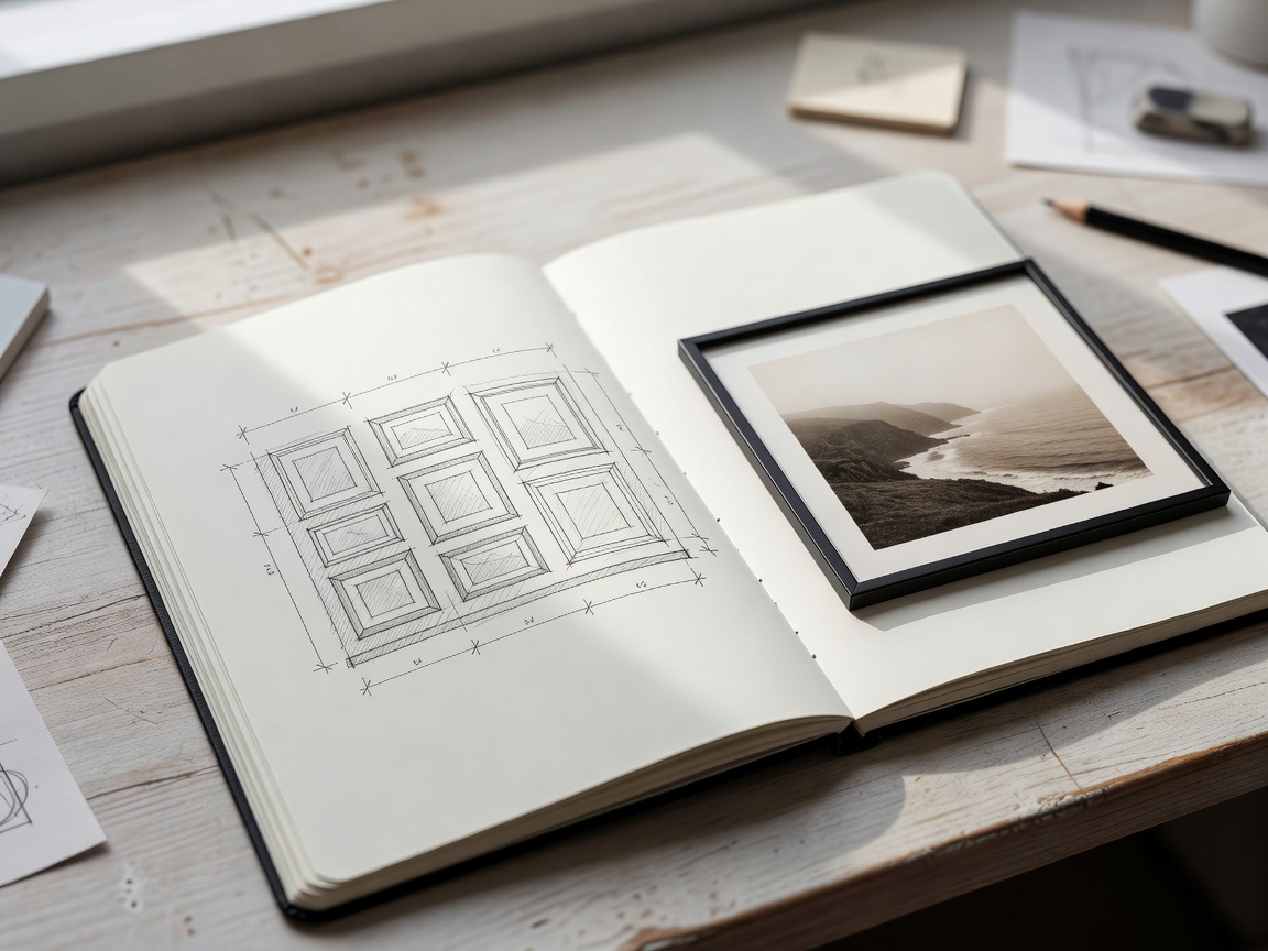 Open notebook with a pencil sketch of a picture wall layout and measurements, beside a small framed photograph