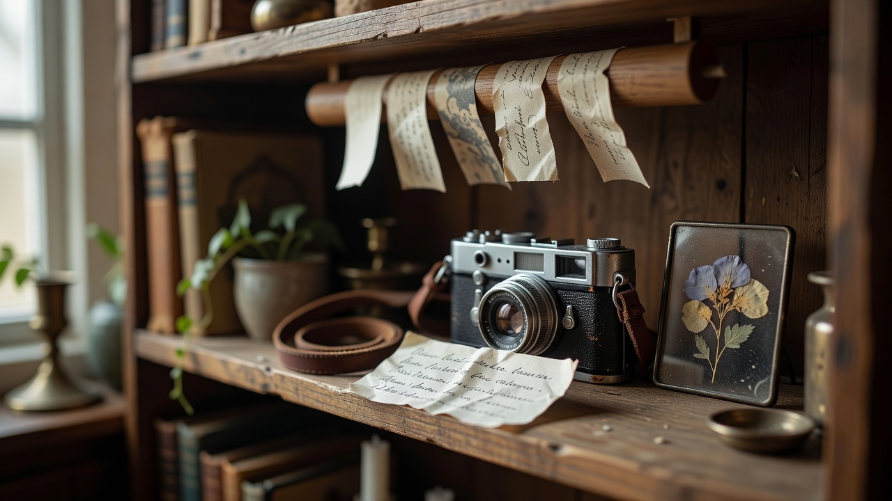 Small shelf display with a folded paper label beside a vintage camera and a pressed flower in a frame, shallow focus on the handwritten label
