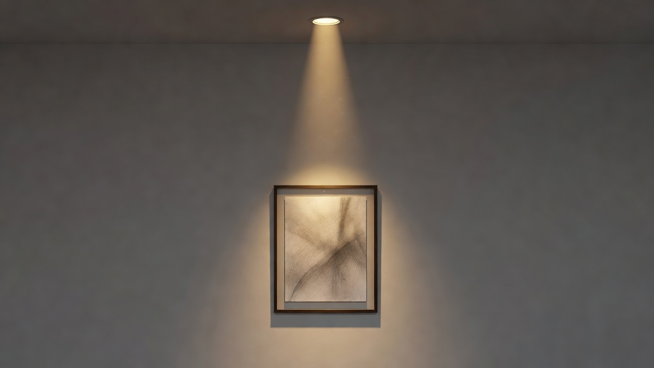 Narrow beam of warm light from a ceiling spotlight falling on a framed drawing, with the surrounding wall in gentle shadow