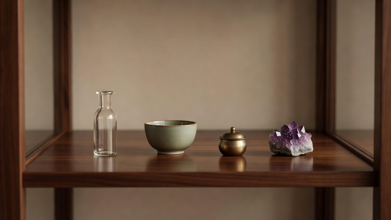 Glass-fronted cabinet shelf holding a few small vessels and a mineral specimen, spaced generously and softly lit, shallow depth of field