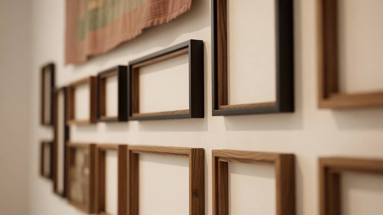 Detail of a mixed picture group: black and oak frame corners with even gaps on a warm white wall, shallow focus on one frame edge